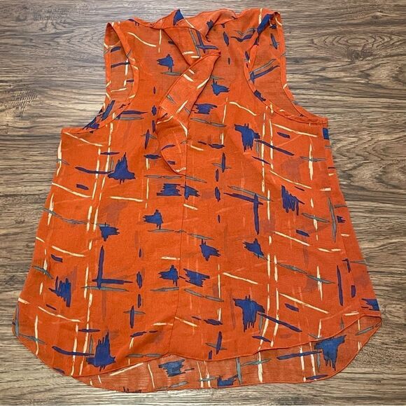 Edge Lightweight Sheer Printed Sleeveless Blouse Orange Blue Cream Size Large - Picture 12 of 12
